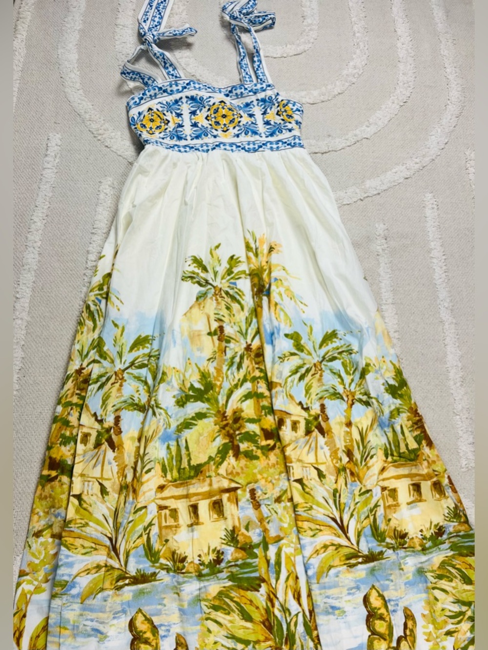 VICI Elegant Tropical Print Maxi Dress – Ivory with Blue & Yellow, Size XS